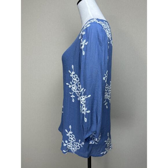 ANNELIEGE Gauze Top L (fits as M) Scoop Neck 3/4 Slvs. Embroidery Boho - Picture 6 of 11